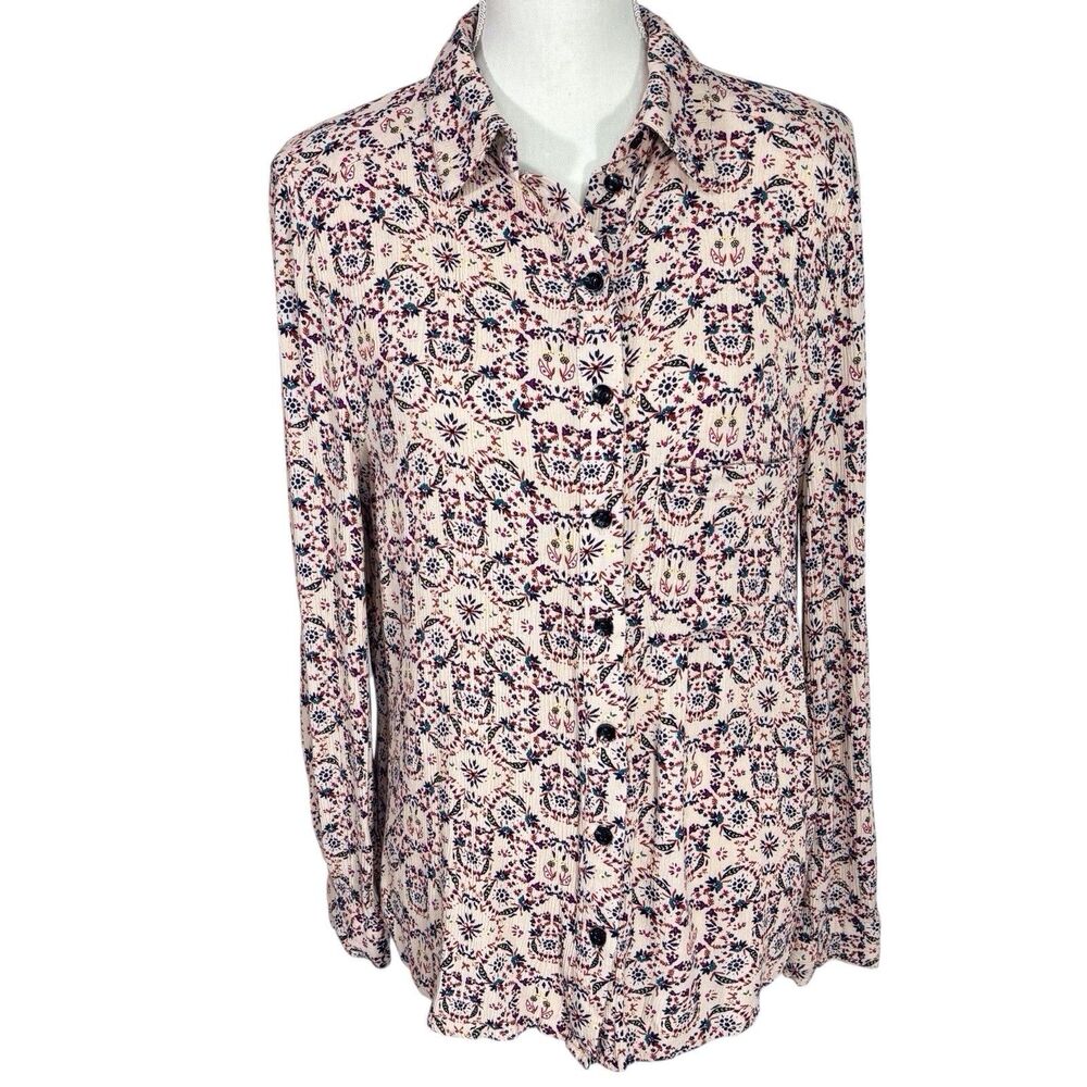 Natural Life Women’s Gauzy Button Boho Shirt Beige Small Ditzy Floral Roll Tab